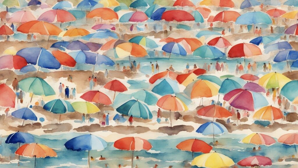 Una acuarela vibrante muestra una playa concurrida con muchas sombrillas de colores y pequeñas figuras de personas que descansan sobre la arena y disfrutan del agua. Las sombrillas son rojas, azules, amarillas, naranjas y verdes, y crean una escena alegre y veraniega.
