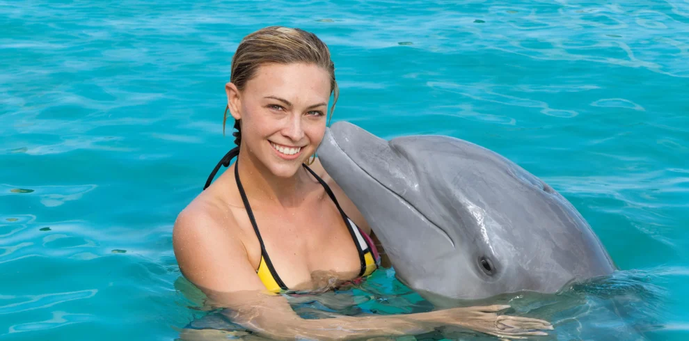 A smiling woman in a bikini top stands in clear blue water during one of the popular Punta Cana excursions, hugging a dolphin. The dolphin presses its snout affectionately to her cheek as they enjoy the sparkling turquoise sea together.