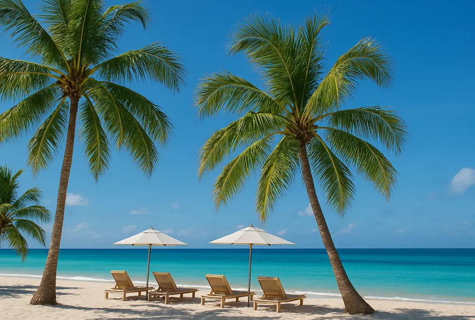 Tropical beach scene in Punta Cana featuring palm trees, lounge chairs, and umbrellas against a clear blue sky and turquoise ocean, ideal for solo travelers seeking relaxation and adventure.